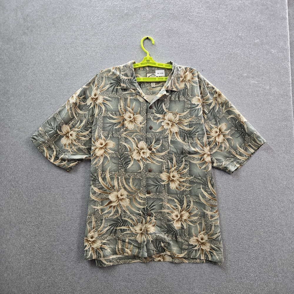 Three Palm Men Button Up Shirt XL Gray Silk Floral Hawaiian Shirt Short Sleeve